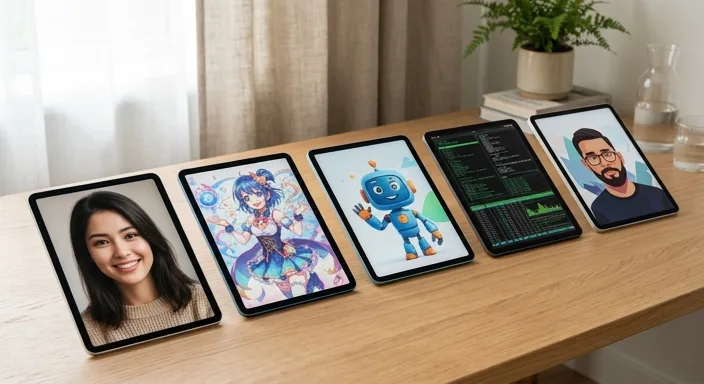 Five tablets on a wooden desk showing different AI avatar styles from anime to hyper-realistic portraits.