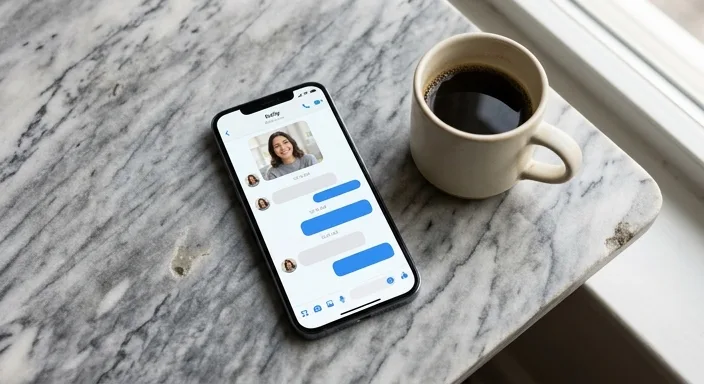 A smartphone on a marble table displaying a chat conversation with an AI companion including text and images.