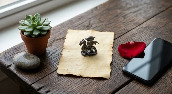 A desk arrangement featuring a succulent, a pewter dragon on parchment, and a rose petal next to a phone.