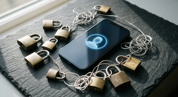 A smartphone showing a glowing AI profile surrounded by physical brass locks and silver wires for data privacy.