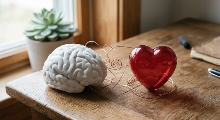 A minimalist white ceramic brain and a red glass heart connected by copper wires on a wooden surface.