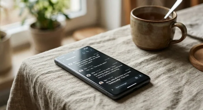 Close-up of a smartphone screen showing an emotional text conversation with action descriptions, set on a bright table.
