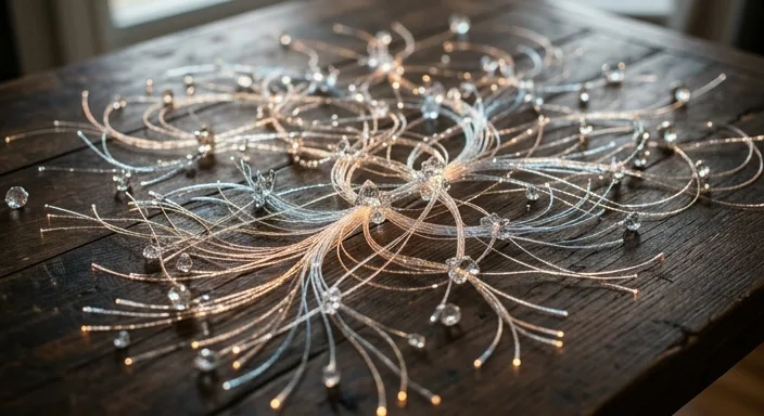 A conceptual top-down view of a glowing network of glass spheres and light fibers on a wooden surface.
