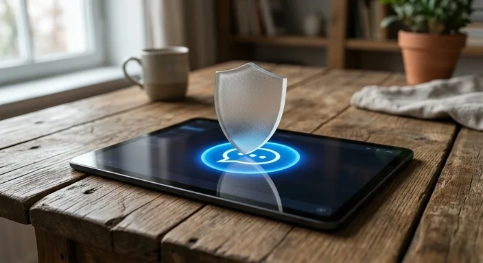 A frosted glass shield prop resting on a tablet screen with a glowing chat interface on a wooden desk.