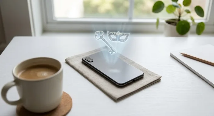 A smartphone on a white desk projecting holographic icons of a key and a mask representing privacy.