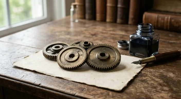 Four interlocking vintage brass gears on a wooden desk representing the components of an AI persona.