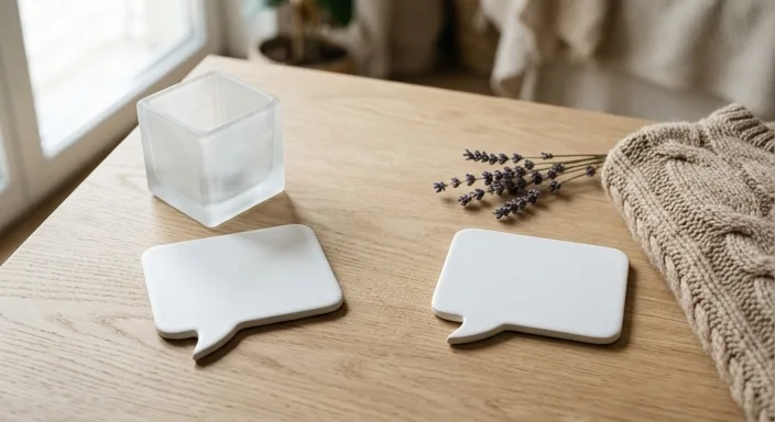 Two ceramic speech bubbles contrasting a cold glass cube with warm lavender to represent different AI response styles.
