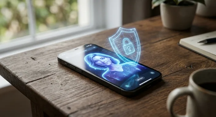 A smartphone on a wooden desk showing an AI avatar with a glowing digital security shield overlaying the device.