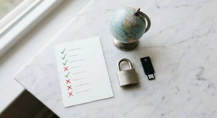 A flat lay of privacy-related objects including a padlock, security key, and a checklist with green and red symbols on a marble background.