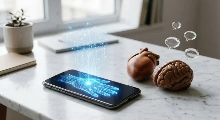 A high-end smartphone on a marble desk displaying a holographic hand next to heart and brain sculptures.