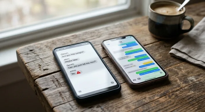 Side-by-side smartphones comparing a limited chat screen with a warning icon to a long, continuous scrolling chat thread.