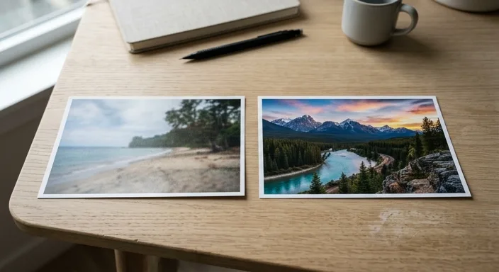 A flat lay of two printed photos contrasting a low-resolution, blurry landscape image with a crisp, high-definition, detailed landscape image.