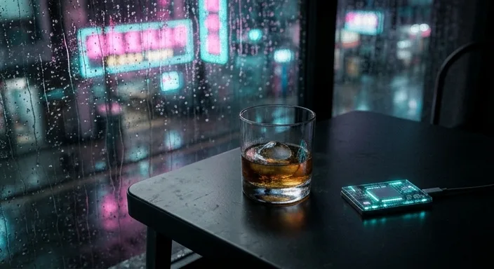 A close-up 45-degree shot of a futuristic cafe table with a drink and data-chip against a neon-lit rainy window.