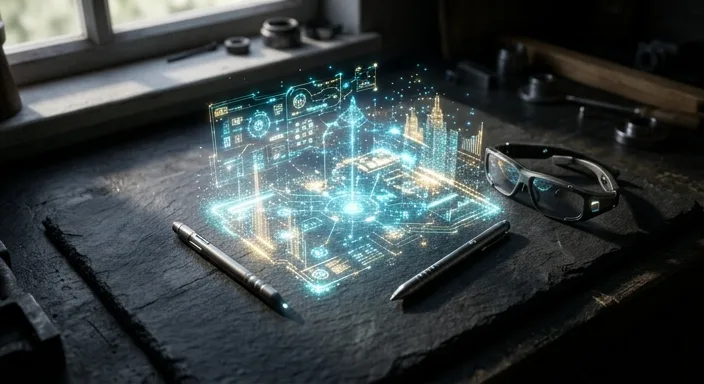 A top-down flat lay view of a glowing holographic projection on a stone table with futuristic accessories.