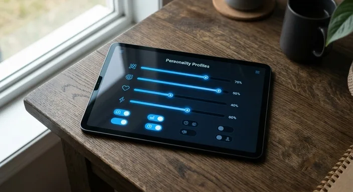 A tablet on a dark wooden desk showing a sleek digital UI with glowing personality sliders.