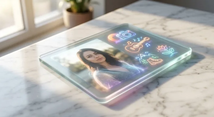 A holographic AI character profile card on a translucent glass display resting on a marble surface.