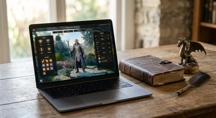 A professional desk setup featuring a laptop with a character creation interface, accompanied by fantasy-themed props like a dragon statue and quill.