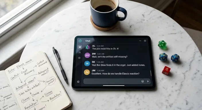 A flat lay image of a tablet displaying a collaborative chat session, surrounded by storytelling tools like dice and a handwritten notebook.