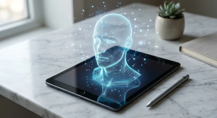 An artistic flat lay representation of a digital holographic personality being sculpted on a tablet screen.