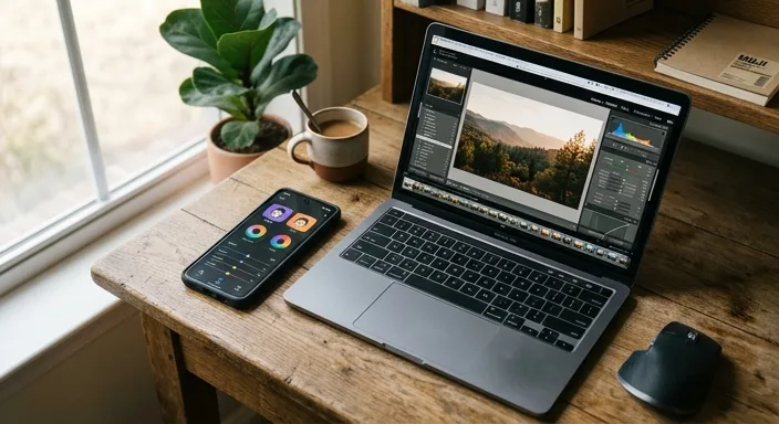 A comparative view of a mobile phone and a laptop displaying AI character creation interfaces on a wooden desk.