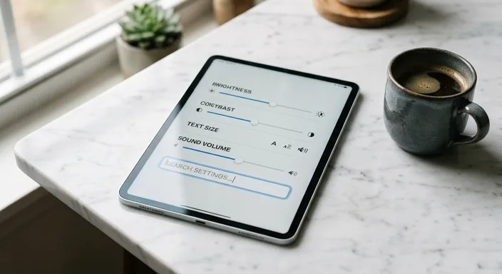 A close-up shot of a tablet screen featuring personality trait sliders and a backstory text field for character customization.