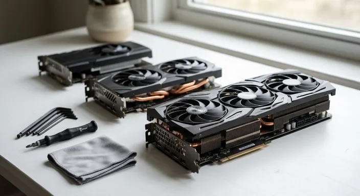 A comparison of three different computer graphics cards arranged on a minimalist white desk with tools.