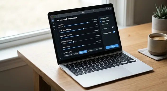 A laptop on a wooden desk displaying a clean software user interface with sliders and buttons.