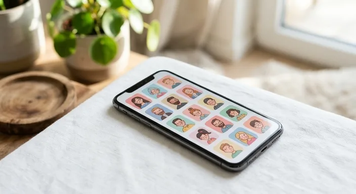 A high-end smartphone on a light surface displaying a grid of colorful AI character avatars.