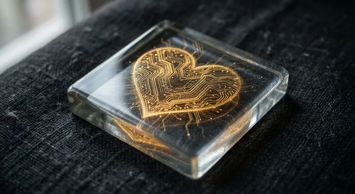 A conceptual glowing golden circuit heart inside a glass block on a dark fabric background.