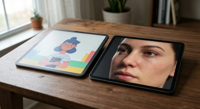 A side-by-side comparison of a flat 2D avatar and a hyper-realistic 3D AI model on two tablets, showcasing skin texture differences.