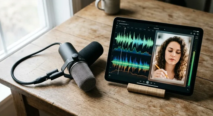 A high-end studio microphone next to a tablet displaying an intricate audio frequency waveform and a realistic AI character portrait.