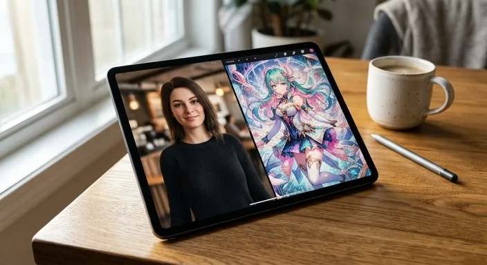 A tablet on a wooden desk showing a comparison between a realistic 3D AI character and a high-detail anime character.