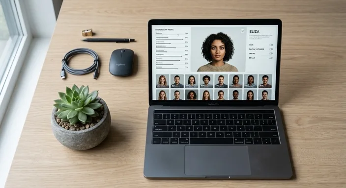 A top-down view of a laptop screen showing an AI character customization dashboard with personality sliders and previews.