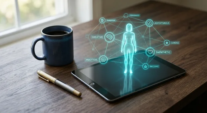 A cinematic close-up of a writer's desk featuring a glowing holographic character profile hovering over a digital tablet.
