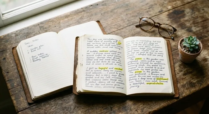 A side-by-side visual comparison of simple versus deeply characterized writing styles in physical journals on a desk.